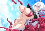  1girl arms_behind_back black_shirt breasts censored clenched_teeth clothes_pull commentary_request cowboy_shot fate/grand_order fate_(series) grabbed_by_tentacles hair_intakes large_breasts long_hair looking_ahead merlin_(fate/prototype) mosaic_censoring nipples pink_eyes pubic_tattoo pussy pussy_juice restrained shirt shirt_pull strelka_belca tattoo teeth tentacles variant_set white_hair 