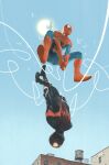  2boys absurdres animal_print black_bodysuit bodysuit commentary english_commentary flying highres male_focus marcaspinall marvel miles_morales multicolored_bodysuit multiple_boys outdoors peter_parker print_bodysuit red_bodysuit silk spider-man spider-man_(miles_morales) spider-man_(original_suit) spider-man_(series) spider_print spider_web spider_web_print superhero_costume swinging_on_web two-tone_bodysuit 
