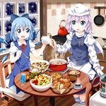  apron blue_dress blue_eyes blue_hair bow bowl bread capelet chair cirno cup dress drinking drinking_glass empty food frying_pan hair_bow hat highres ice ice_wings juliet_sleeves kettle kitchen ladle letty_whiterock long_sleeves multiple_girls open_mouth pot puffy_sleeves purple_hair ruu_(tksymkw) shirt short_sleeves sink smile snowing spoon table teacup toast touhou waist_apron window wings 