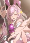  1girl :o ;o alternate_costume animal_ears aruko black_thighhighs breasts bunny_day checkered_floor cleavage commentary_request diamond-shaped_pupils diamond_(shape) elysia_(herrscher_of_human:_ego)_(honkai_impact) elysia_(honkai_impact) fake_animal_ears highres honkai_(series) honkai_impact_3rd large_breasts leotard long_hair looking_at_viewer multicolored_hair one_eye_closed outstretched_arm pink_hair playboy_bunny pole purple_eyes purple_leotard rabbit_ears smile solo stripper_pole symbol-shaped_pupils thighhighs thighs two-tone_hair very_long_hair white_hair 