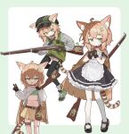  1girl absurdres ahoge animal_ears apron bandages black_gloves black_thighhighs blonde_hair body_markings gloves green_eyes green_hair_ornament green_jacket gun highres jacket maid_apron mijo_(2498359894) navel original rifle striped_tail tail thighhighs v weapon white_thighhighs 