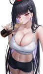  1girl absurdres black_hair black_shorts blue_archive breasts cleavage commentary cup dolphin_shorts drink drinking halo highres holding holding_cup holding_drink large_breasts long_hair looking_at_viewer midriff multicolored_halo navel red_eyes rio_(blue_archive) shorts simple_background solo tank_top two-tone_halo very_long_hair white_background white_tank_top won_(won3355) 