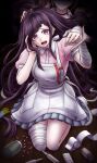  2girls absurdres apron bandage_roll bandaged_arm bandaged_hand bandaged_leg bandages bandaid bandaid_on_knee bandaid_on_leg black_choker blonde_hair blue_skirt bottle choker closed_mouth collared_shirt commentary_request danganronpa:_trigger_happy_havoc danganronpa_(series) danganronpa_2:_goodbye_despair dark_background enoshima_junko eyelashes fingernails hand_on_another's_head hand_on_own_face highres kneeling long_hair mole mole_under_eye multiple_girls nail_polish nanaki1992 on_floor open_mouth out_of_frame pill pink_hair pink_shirt puffy_short_sleeves puffy_sleeves purple_eyes red_nails shirt shoes short_sleeves skirt smile solo_focus spoilers sweat syringe teeth tsumiki_mikan upper_teeth_only very_long_hair white_apron white_shoes wooden_floor 