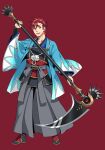  1boy :d arm_up bad_id bad_pixiv_id black_boots blue_haori blue_kimono boots full_body gold_trim grey_hakama grey_sash grey_skirt hair_between_eyes hakama hakama_skirt hand_up haori highres holding holding_scythe japanese_clothes kimono l'arc_berg_sickle male_focus messy_hair minami_seira multicolored_boots official_art open_haori open_mouth promotional_art red_background red_boots red_eyes red_hair scythe short_hair simple_background skirt smile solo tate_no_yuusha_no_nariagari teeth two-tone_boots two-tone_haori upper_teeth_only v-shaped_eyebrows vambraces vassal_scythe_(demon_dragon_scythe)_(tate_no_yuusha_no_nariagari) vassal_scythe_(tate_no_yuusha_no_nariagari) white_haori 