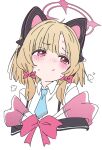  1girl animal_ear_headphones animal_ears blonde_hair blue_archive blue_necktie blush bow cat_ear_headphones cat_ears closed_mouth fake_animal_ears hair_bow halo headphones ixy momoi_(blue_archive) necktie pink_bow pink_eyes pink_halo shirt short_hair simple_background solo upper_body white_background white_shirt 