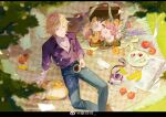  1boy acoustic_guitar apple arm_support banana belt belt_buckle black_belt black_border blonde_hair blue_pants blurry blurry_foreground border bow buckle cat chinese_commentary closed_mouth coffee collared_shirt commentary_request cross cross_necklace cup denim dream_mansion eyewear_hang falling_petals feet_out_of_frame flower food fork from_above fruit gerbera grass green_eyes guitar hair_between_eyes highres holding holding_cup instrument jeans jewelry lavender_(flower) letterboxed long_sleeves looking_up male_focus mug necklace newspaper on_ground orange_(fruit) orange_cat orange_flower orange_rose pants partially_unbuttoned petals picnic picnic_basket picnic_blanket pink_flower pink_rose plate polaroid_camera purple_flower purple_shirt rose sayahime shirt shirt_tucked_in sitting sleeves_rolled_up smile solo strawberry strawberry_slice sunglasses torn_clothes torn_jeans torn_pants tree unworn_eyewear watermark weibo_watermark white_flower white_rose ye_xinglang yellow_bow 