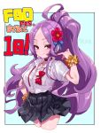  1girl arm_scrunchie black_skirt bow bowtie choker collared_shirt commentary_request fate/grand_order fate_(series) flower forehead hair_flower hair_ornament highres long_hair long_sidelocks miniskirt niwaikanai partially_unbuttoned pleated_skirt pocket ponytail purple_eyes purple_hair red_bow red_bowtie scrunchie shirt sidelocks skirt solo undone_bowtie very_long_sidelocks white_shirt wu_zetian_(fate) yellow_scrunchie 