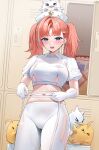  1girl azur_lane baby_animal bird blue_eyes breasts commentary gloves griffin_(azur_lane) griffin_(tensest_relaxation_therapy)_(azur_lane) hat highres holding_tape_measure indoors large_breasts looking_at_viewer manjuu_(azur_lane) medium_hair multicolored_hair navel nurse nurse_cap official_alternate_costume open_mouth orange_hair pantyhose qing_wu solo streaked_hair tape_measure torn_clothes torn_gloves torn_pantyhose twintails white_gloves white_pantyhose white_streaks 