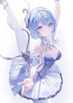  1girl absurdres baccapy0806 ballerina bare_shoulders blue_dress blue_hair breasts cleavage commentary detached_sleeves dress genshin_impact gloves hair_between_eyes hair_ornament highres looking_at_viewer medium_breasts medium_hair odette_(genshin_impact) pantyhose parted_lips purple_eyes reaching reaching_towards_viewer simple_background solo split standing standing_on_one_leg standing_split strapless white_background white_pantyhose 