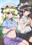  2girls :o @_@ absurdres black_bra black_hat black_skirt blonde_hair blue_shirt blush bow bra bra_visible_through_clothes breasts brown_eyes collared_shirt commentary_request female_pervert food food_on_clothes hat hat_bow highres hot ice_cream_cone lifting_own_clothes long_hair looking_at_another maribel_hearn medium_breasts melting_ice_cream melting_popsicle mob_cap multiple_girls navel outdoors pervert popsicle purple_bra purple_skirt ribbon-trimmed_skirt ribbon_trim ron_samu_jouji shirt short_sleeves sitting skirt sweat touhou underwear usami_renko wet wet_clothes white_bow white_hat white_shirt 