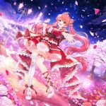  1girl :d ahoge amagai_tarou back_bow bow breasts brown_corset castle center_frills cherry_blossoms commentary_request corset double_bun dress falling_petals flower-trimmed_dress frilled_dress frills full_body green_eyes hair_bun hand_up high_heels highres hololive large_breasts layered_sleeves long_hair looking_at_viewer night official_alternate_costume official_alternate_hairstyle official_art open_mouth outdoors outstretched_arm petals pink_hair pink_shoes red_bow red_dress sakura_miko shoes short_dress side_up_bun single_thighhigh sky smile solo star_(sky) starry_sky teeth thighhighs tiara twintails underbust upper_teeth_only very_long_hair virtual_youtuber white_thighhighs 