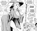  2boys 2girls absurdres ass bb_(baalbuddy) breasts cleavage commentary elf english_commentary english_text exhaling_smoke gandalf genderswap genderswap_(mtf) goblin greyscale highres holding holding_staff large_breasts long_pointy_ears looking_at_another mage_staff monochrome multiple_boys multiple_girls outdoors plunging_neckline pointy_ears side_slit single_bare_leg smile smoking_pipe staff the_lord_of_the_rings the_shire tolkien's_legendarium 