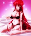  1girl areolae bed black_bra black_lingerie black_panties bra breasts cleavage collarbone erect_nipples high_school_dxd highres hips knees large_breasts legs lingerie long_hair midriff navel nipples open_mouth panties red_hair rias_gremory shiny smile solo stitched teeth tongue underwear undressing 
