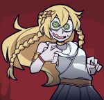  1boy androgynous armlet bare_shoulders blonde_hair braid commentary elden_ring green_eyes hair_between_eyes helltaker highres jewelry laurel_crown long_hair looking_at_viewer miquella_(elden_ring) nervous_smile open_mouth parody red_background shi_ling_yu sleeveless smile solo style_parody sweat twintails vanripper_(style) 