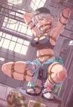 absurdres armpits arms_up baseball_cap bdsm bomb bondage bound breasts commentary_request crop_top crotch_rope drooling egg_vibrator explosive gag gagged girls'_frontline grey_hair hat highres leveen long_hair looking_down medium_breasts navel purple_eyes pussy_juice ring_gag sex_toy sharp_teeth shibari shibari_over_clothes shoes skindentation sl8_(girls'_frontline) sneakers spread_legs squatting stomach teeth tongue tongue_out vibrator 