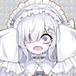  1girl bow bowtie clutching_head collar commentary_request constricted_pupils crying crying_with_eyes_open dress frilled_collar frilled_hairband frilled_sleeves frills hair_bow hair_over_one_eye hairband highres lolita_hairband long_hair long_sleeves looking_at_viewer mahou_shoujo_no_majo_saiban minna_de_zutto_shiawase_ni_kazoku_de_issho_ni_tanoshii_party_wo natsume_an-an one_eye_covered open_mouth portrait purple_eyes sleeve_bow sleeves_past_fingers sleeves_past_wrists solo spoilers straight-on ta9ton tears white_bow white_bowtie white_dress white_hair white_hairband wide_sleeves 