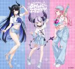 3girls :d ;) arm_behind_head arm_up asymmetrical_horns baseball_cap black_collar black_hair black_horns blue_hair blue_hat blue_pants blue_shoes blue_shorts blue_skirt blunt_bangs bob_cut bracelet breasts character_print closed_mouth collar colored_inner_hair commentary_request contrapposto copyright_notice cropped_shirt demon_horns denim denim_shorts eyewear_around_neck eyewear_on_head flower full_body grey_hair grin hat high_heel_sandals high_heels highres holding holding_water_gun hololive hololive_english horn_flower horns jailbird_(nerissa_ravencroft) jeans jewelry la+_darknesss la+_darknesss_(1st_costume) large_breasts long_hair looking_at_viewer midriff miniskirt mole mole_under_eye mori_calliope multicolored_hair multiple_girls navel necklace nerissa_ravencroft official_alternate_costume official_art one_eye_closed pants pink_eyes pink_hair pisuke_wan pleated_skirt ponytail purple_eyes purple_streaks sandals second-party_source shirt shirt_partially_tucked_in shoes short_hair short_shorts shorts sidelocks skirt slit_pupils smile sneakers streaked_hair striped_horns sunglasses t-shirt tail tied_shirt torn_clothes torn_jeans torn_pants torn_shirt uneven_horns very_long_hair virtual_youtuber water_gun white_shirt white_shoes yellow_eyes 