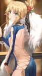  1girl ass backless_dress backless_outfit blonde_hair blue_dress braid breasts commentary cup dress drinking_glass drinking_straw drinking_straw_in_mouth fate/apocrypha fate_(series) fur_shawl green_eyes hair_ornament hair_scrunchie half_up_braid highres mordred_(fate) scrunchie shawl sideboob small_breasts solo tonee untranslatable_commentary wine_glass 