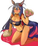  1girl absurdres animal_ears animal_hands bell black_bra black_hair black_panties blush bra breasts cat_cutout cat_ear_panties cat_lingerie cleavage cleavage_cutout clothing_cutout collar commentary_request dark-skinned_female dark_skin ear_scrunchie fang frilled_bra frills gloves hair_between_eyes hair_ornament hairclip highres hishi_amazon_(umamusume) horse_ears horse_girl horse_tail jingle_bell large_breasts long_hair looking_at_viewer navel neck_bell open_mouth panties paw_gloves red_collar red_eyes red_scrunchie rottenorang scrunchie side-tie_panties smile solo stomach striped_clothes striped_scrunchie tail umamusume underwear very_long_hair 