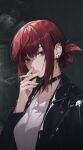  1girl absurdres black_background black_choker black_jacket blush choker cigarette commentary_request ear_piercing earrings folded_hair highres holding holding_cigarette jacket jewelry korean_commentary leather leather_jacket looking_at_viewer low-tied_medium_hair muring864 piercing red_eyes red_hair shirt sidelocks solo super_no_ura_de_yani_suu_futari tayama_(super_no_ura_de_yani_suu_futari) white_shirt 