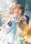  2girls aqua_dress aqua_shorts bag black_bag black_hair black_ribbon blonde_hair blue_eyes blurry blurry_foreground blush commentary_request day depth_of_field double-parted_bangs dress flower frilled_dress frills hair_ornament handbag hat hat_ribbon highres holding_own_dress hug hug_from_side long_dress long_hair long_shirt morigami_(morigami_no_yashiro) multiple_girls nose_blush off-shoulder_dress off_shoulder one_eye_closed open_clothes open_mouth open_shirt original outdoors plaid_clothes plaid_shirt ribbon shadow shirt short_shorts shorts shoulder_bag smile standing straight_hair straw_hat sunflower unbuttoned x_hair_ornament yellow_flower yellow_shirt yuri 