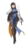 1girl absurdres bare_shoulders black_hair black_pantyhose breasts chinese_clothes commentary_request dracula_(5574) dragon_print dress earrings elbow_gloves full_body gloves high_heels highres holding holding_sword holding_weapon jewelry large_breasts long_hair looking_at_viewer original pantyhose pelvic_curtain print_dress qipao red_eyes reverse_grip simple_background sleeveless sleeveless_dress solo standing sword sword_fingers tachi-e thighs two-sided_fabric weapon white_background white_gloves 