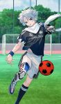  1boy :o amputee ball black_shirt black_socks blue_eyes bright_pupils chaldea_logo commentary_request double_amputee dynamic_pose fate/grand_order fate_(series) flying_sweatdrops foot_out_of_frame game_asset goal kicking lack male_focus midriff_peek multiple_scars official_art open_mouth outdoors partial_commentary prosthesis prosthetic_arm prosthetic_leg scar scar_on_arm scar_on_chest scar_on_face scar_on_forehead scarf shirt short_hair short_sleeves shorts single_sock soccer soccer_ball soccer_field soccer_uniform socks solo sportswear third-party_source toudou_heisuke_(academy_outfit)_(fate) toudou_heisuke_(fate) white_hair white_pupils white_scarf white_shorts wristband 