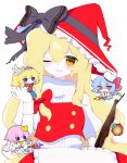  4girls :< absurdres alice_margatroid alice_margatroid_(magical_girl_of_constellations) alternate_color alternate_costume an_72h apron beret black_bow blonde_hair blue_dress blue_eyes blue_hair blush bow broom capelet chibi chibi_inset closed_mouth cute_weapon dress fang frilled_hairband frills hair_bow hair_ornament hairband hat hat_bow heart heart_hair_ornament highres holding holding_broom holding_polearm holding_weapon kirisame_marisa komeiji_satori komeiji_satori_(astrological_magical_girl) long_hair looking_at_viewer mini-hakkero mini_person minigirl multiple_girls one_eye_closed open_mouth orange_eyes pink_hair polearm purple_eyes red_bow red_hairband red_hat red_skirt red_vest remilia_scarlet remilia_scarlet_(magical_girl_of_scarlet_stars) simple_background skin_fang skirt smile solo_focus spear spear_the_gungnir touhou touhou_lostword very_long_hair vest waist_apron weapon white_apron white_background white_capelet white_hat witch_hat 