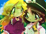  2girls :> :| artificial_utopia_in_ruins black_hat blonde_hair blue_sky bow brown_hair buttons card chromatic_aberration closed_mouth collared_shirt commentary_request frilled_shirt_collar frills hand_up hat hat_bow holding holding_card long_hair maribel_hearn medium_hair multiple_girls open_mouth outdoors purple_shirt red_eyes retro_artstyle s_sya_rin shirt short_sleeves sky touhou upper_body usami_renko white_bow white_shirt yellow_eyes 