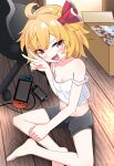  1girl absurdres ahoge alternate_costume barefoot black_shorts blonde_hair box breasts camisole cardboard_box chair cirno cleavage commentary_request contemporary e.o. fangs hair_ribbon hakurei_reimu handheld_game_console highres indoors kirisame_marisa kochiya_sanae looking_at_viewer medium_hair midriff moriya_suwako navel nintendo_switch playstation_portable red_eyes red_ribbon ribbon rumia shorts small_breasts solo strap_slip swivel_chair toes touhou v white_camisole yuri_(object) 