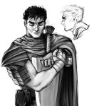  1boy armor artist_name bandaged_hand bandages berserk cape closed_eyes closed_mouth garfified greyscale guts_(berserk) highres holding holding_sword holding_weapon male_focus monochrome pouch prosthesis prosthetic_arm scar scar_on_face scar_on_nose short_hair shoulder_armor signature simple_background sword weapon white_background 