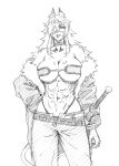  1girl abs absurdres animal_ears bandeau bare_shoulders breasts cat_ears cat_girl cat_tail choker cleavage collarbone crossed_bangs eyepatch fur-trimmed_jacket fur_trim ghislaine_dedoldia hair_between_eyes hand_on_own_hip highleg highleg_panties highres jacket large_breasts long_hair looking_at_viewer muscular muscular_female mushoku_tensei navel obliques off_shoulder open_fly open_pants panties pants rakusakugk scar scar_on_cheek scar_on_face scar_on_stomach sheath sheathed sketch solo stomach tail underboob underwear very_long_hair 