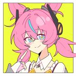  1girl absurdres aqua_eyes aqua_hair aqua_streaks aria_(human)_(zenless_zone_zero) aria_(zenless_zone_zero) blush blush_stickers border bow closed_mouth commentary crossed_bangs detached_collar english_commentary eyelashes grey_bow hair_between_eyes hair_bow highres medium_hair multicolored_hair pink_hair portrait quad_tails renren_(pixiv_63583005) simple_background smile solo split_mouth streaked_hair two-tone_hair white_border yellow_background yellow_pupils zenless_zone_zero 