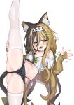  1girl :d absurdres animal_ear_fluff animal_ears ass bare_shoulders black_hair black_panties blonde_hair blush bow breasts cat_ears cat_girl cat_tail clover_hair_ornament collarbone commentary crop_top embarrassed fang fingerless_gloves full-face_blush gloves green_bow hair_between_eyes hair_ornament hairband hairclip hand_up heart highleg highleg_panties highres jacket leg_lift leg_up long_hair long_sleeves looking_at_viewer midriff motamota_(ofliatata) multicolored_hair navel off-shoulder_shirt off_shoulder open_clothes open_jacket open_mouth original panties shirt simple_background skindentation sleeves_past_wrists small_breasts smile solo split spread_legs standing standing_on_one_leg standing_split stomach sweat symbol-shaped_pupils tail thighhighs thighs tongue two-tone_hair underwear waving white_background white_hairband white_shirt white_thighhighs yellow_eyes yellow_jacket 