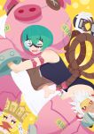  1girl alt_text animal_costume arm_belt armor armored_boots bare_shoulders belt blue_one-piece_swimsuit boots breasts button_eyes buttons character_doll cho-hakkaimon closed_eyes commentary dakimakura_(object) digimon digimon_(creature) doll drooling english_commentary fang gauntlets gokuwmon green_hair hair_between_eyes highres hugging_object lightklok mask medium_breasts mouth_drool one-piece_swimsuit open_mouth pig_costume pillow pillow_hug pink_armor pink_belt rope sagomon sanzomon short_hair sidelocks sleeping solo squeans swimsuit yellow_background 