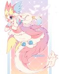  absurdres animal_focus artist_name blue_eyes blue_hair blush colored_sclera commentary_request creature dragon english_commentary fluffy full_body gradient_background gradient_hair hair_ornament head_chain highres jewelry long_hair low-tied_long_hair low_wings mew_mew_chikorita_moon mixed-language_commentary multicolored_hair no_humans original pawpads pillarboxed pink_fur pink_wings smile solo star_(symbol) star_hair_ornament tail vietnamese_commentary wings yellow_sclera 