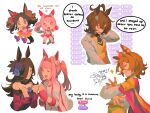  5girls :d ^_^ absurdres agnes_tachyon_(tach-nology)_(umamusume) agnes_tachyon_(umamusume) ahoge animal_ears black_necktie blue_dress blue_flower blue_rose border bow brown_hair buruma cape chibi closed_eyes commentary cross-shaped_pupils crown dress ear_bow ear_covers ear_ornament english_commentary english_text fang fingerless_gloves flower fur_choker gameplay_mechanics gloves hair_over_one_eye haru_urara_(bestest_prize)_(umamusume) haru_urara_(umamusume) hat hat_ribbon headband highres horse_ears horse_girl horse_tail huge_ahoge jacket jewelry lab_coat long_hair mararu marvelous_sunday_(kira_doki_waku_mabe)_(umamusume) marvelous_sunday_(umamusume) mini_crown mood_(umamusume) multiple_girls multiple_rings necktie open_mouth orange_hair pink_buruma pink_cape pink_eyes pink_gloves pink_hair pink_headband ponytail purple_sleeves ribbon rice_shower_(rosy_dreams)_(umamusume) rice_shower_(umamusume) ring rose shirt short_hair short_necktie simple_background skin_fang sleeves_past_fingers sleeves_past_wrists smile symbol-shaped_pupils t.m._opera_o_(o_sole_suo!)_(umamusume) t.m._opera_o_(umamusume) tail twintails umamusume white_background white_border white_jacket white_shirt yellow_eyes 