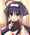  1girl :d ahoge architecture black_hair black_scarf blue_bridal_gauntlets blush breasts bridal_gauntlets cleavage commentary_request east_asian_architecture forehead_protector green_eyes hair_between_eyes hand_up hitachi_mako index_finger_raised indoors large_breasts looking_at_viewer lower_teeth_only nazo_no_murasame_chiaki ninja open_mouth out-of-frame_censoring petals red_scarf rose_petals scarf senren_banka short_hair_with_long_locks shouji sliding_doors smile solo tatami teeth two-sided_fabric two-sided_scarf upper_body 