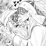  1boy 1girl absurdres anger_vein boqta closed_mouth commentary_request fur_trim greyscale hand_up hat highres holding holding_another's_arm holding_knife husband_and_wife jewelry knife korean_commentary long_hair long_sleeves mongolian_clothes monochrome ogedei_(tenmaku_no_jaadugar) open_mouth profile reverse_grip robe smile teeth tenmaku_no_jaadugar toregene_(tenmaku_no_jaadugar) upper_body veil zebi_nabzac 