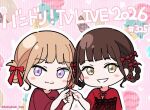  2girls :3 animification aotsubaki_toto bang_dream! bang_dream!_it's_mygo!!!!! blonde_hair bow braid braided_hair_rings brown_hair commentary_request double_bun finger_touching hair_bow hair_bun hair_rings jewelry misumi_uika mole mole_above_mouth multiple_girls necklace open_mouth outline photo-referenced purple_eyes real_life red_bow red_shirt sasaki_rico shirt short_hair split_mouth takao_kanon togawa_sakiko voice_actor voice_actor_connection white_outline yellow_eyes 