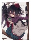  1girl black_hair closed_mouth commentary_request cup fingernails geta green_tea hair_between_eyes hat highres holding holding_cup japanese_clothes long_sleeves pointy_ears pom_pom_(clothes) purple_scarf red_eyes red_hat red_sandals ribbon-trimmed_sleeves ribbon_trim roamu_65 sandals scarf shameimaru_aya short_hair solo tea tengu-geta tokin_hat touhou translated wide_sleeves yunomi 