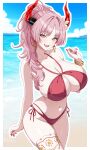  1girl absurdres beach bikini blue_archive blue_sky bracelet breasts cleavage cloud commentary_request daiichi_(k_daiiti) day earrings fingernails halo highres huge_breasts jewelry looking_at_viewer mole mole_on_breast nail_polish navel ocean official_alternate_costume outdoors partial_commentary pink_hair ponytail red_bikini red_halo red_nails satsuki_(blue_archive) satsuki_(swimsuit)_(blue_archive) side-tie_bikini_bottom sky solo standing swimsuit thigh_strap thighs yellow_eyes 