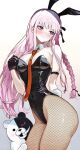  1girl animal_ears black_gloves blush braid breasts bunny_day cleavage collar commentary_request danganronpa_(series) fake_animal_ears fishnets gloves hair_tie highres kirigiri_kyoko long_hair medium_breasts monokuma necktie numao_sub pink_hair playboy_bunny purple_eyes rabbit_ears rabbit_tail red_necktie single_braid tail 
