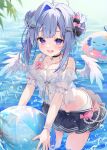  1girl :d absurdres ahoge amane_kanata amane_kanata_(summer) angel_wings aoha_(aohasora) ball beachball bikini bikini_skirt bikini_top_under_shirt bikini_under_clothes black_choker black_skirt blue_hair center-flap_bangs choker colored_inner_hair commentary cropped_shirt cross-laced_bikini cross-laced_clothes day double-parted_bangs double_bun feathered_wings flat_chest frilled_straps front-tie_bikini_top front-tie_top grey_hair hair_bun hair_ornament hairclip highres holding holding_ball holding_beachball hololive looking_at_viewer medium_hair mini_wings multicolored_hair navel off-shoulder_shirt off_shoulder official_alternate_costume official_alternate_hairstyle open_mouth outdoors pendant_choker pink_streaks puffy_short_sleeves puffy_sleeves purple_eyes see-through_clothes see-through_shirt shirt short_sleeves single_hair_intake skirt smile solo star_pendant stomach streaked_hair swimsuit upao_(amane_kanata) virtual_youtuber wading wet white_bikini white_wings wings 