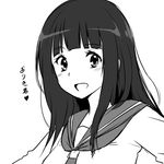  blush chitanda_eru greyscale hyouka long_hair looking_at_viewer monochrome open_mouth school_uniform serafuku simple_background smile solo translated upper_body white_background zaxwu 