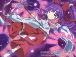  1girl between_fingers bow breasts closed_mouth clothing_cutout commentary_request danmaku gohei gurina_15 hair_bow hair_tubes hakama hakama_pants hakurei_reimu hakurei_reimu_(pc-98) highres hip_vent holding holding_gohei holding_ofuda japanese_clothes kimono long_hair long_sleeves looking_at_viewer ofuda ofuda_between_fingers pants purple_eyes purple_hair red_bow red_hakama ribbon-trimmed_sleeves ribbon_trim small_breasts smile socks solo touhou touhou_(pc-98) watermark white_kimono white_socks wide_sleeves 