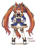  1girl aiguillette animal_ears black_bow black_thighhighs blue_jacket blue_skirt blush bow breasts brown_hair center_frills commentary_request daiwa_scarlet_(peak_blue)_(umamusume) daiwa_scarlet_(umamusume) epaulettes fang frills garter_straps hair_intakes hands_on_own_hips highres horse_ears horse_girl horse_tail jacket juliet_sleeves large_breasts layered_legwear layered_skirt long_hair long_sleeves looking_at_viewer open_mouth puffy_sleeves red_eyes shirt shoes skin_fang skirt solo tail thighhighs tiara twintails umamusume uzumaki_osushi very_long_hair white_shirt white_shoes white_skirt white_thighhighs 