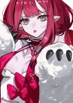  1girl 710_ao absurdres baobhan_sith_(fate) baobhan_sith_(swimsuit_pretender)_(first_ascension)_(fate) breasts camisole cleavage detached_collar fate/grand_order fate_(series) grey_eyes highres jacket long_hair long_sleeves looking_at_viewer medium_breasts open_clothes open_jacket pink_hair pointy_ears sidelocks solo tongue tongue_out white_camisole white_jacket 