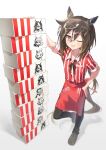  1girl absurdres animal_ears apron black_bow black_hair black_pants blush bow box brown_eyes brown_hair collared_shirt colonel_sanders colonel_sanders_(cosplay) commentary_request cosplay dream_journey_(umamusume) ear_covers employee_uniform fast_food_uniform fenomeno_(umamusume) gold_ship_(umamusume) grin gul_(parfaitgul) hair_between_eyes highres horse_ears horse_girl horse_tail kfc long_hair looking_at_viewer multicolored_hair nakayama_festa_(umamusume) official_alternate_costume one_eye_closed open_mouth orfevre_(umamusume) pants petite red_apron red_shirt shirt shoes smile solo stay_gold_(umamusume) streaked_hair striped_clothes striped_shirt tail umamusume vertical-striped_clothes vertical-striped_shirt white_hair 
