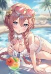 1girl amayui_moka aria_(ariacue) bikini blue_sky blush braid breasts commentary_request cup day drinking_straw flower hibiscus highres large_breasts long_hair looking_at_viewer open_mouth outdoors pink_hair pool purple_eyes sky solo swimsuit thighs twin_braids twintails virtual_youtuber vspo! white_bikini 